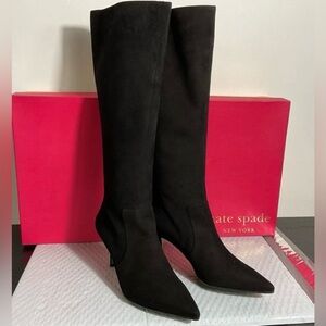 Kate Spade Suede Boots Sz 9 Knee High Black Stiletto Heel Zip New NIB Chic Lux